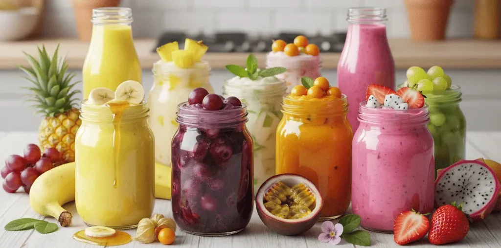 Frascos de yogurt con fruta: piña, plátano, arándano, maracuyá, fresa y pitahaya